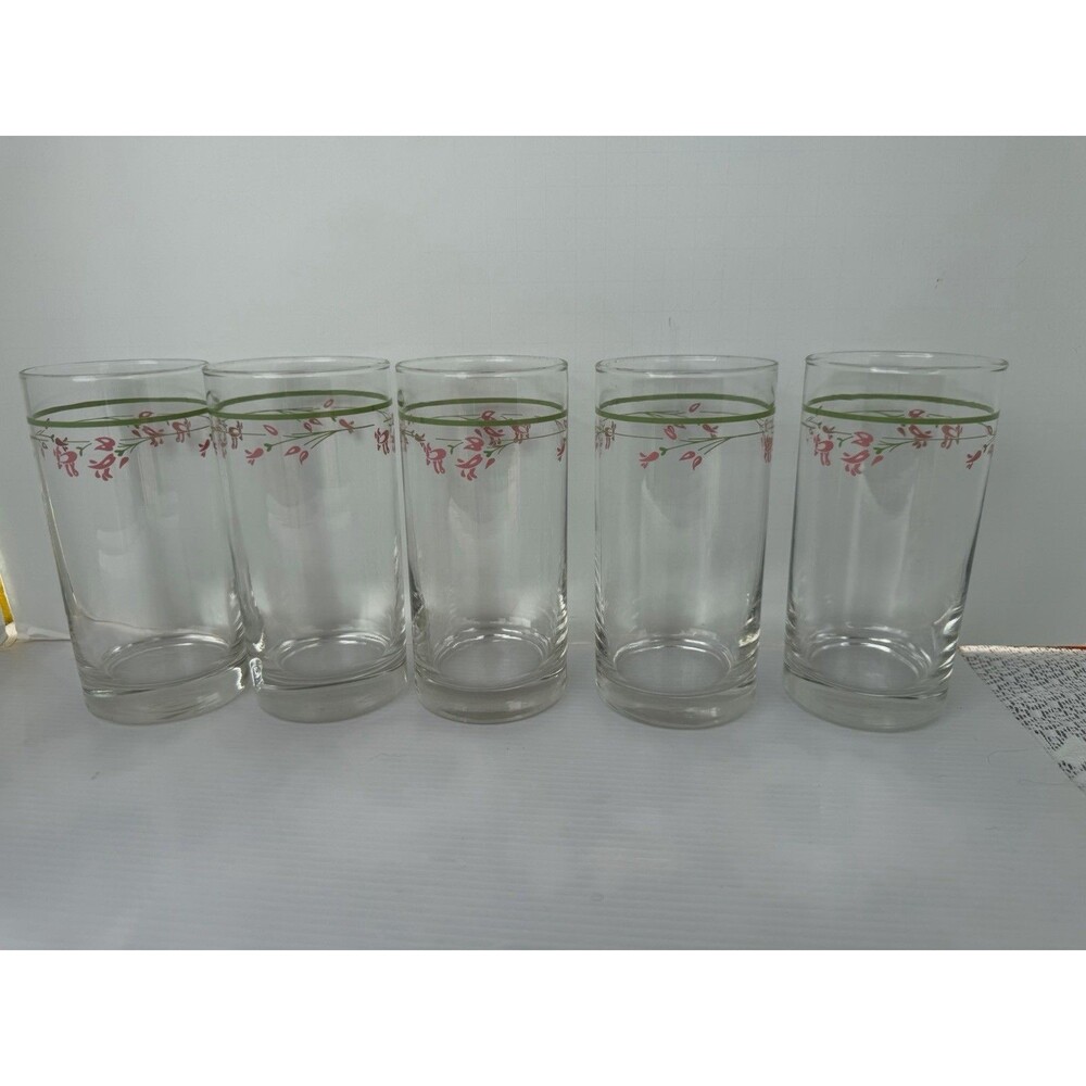 Corning Corelle Summer Blossoms Libbey Glass Tumblers Set of 5 Pink Flowers 12oz